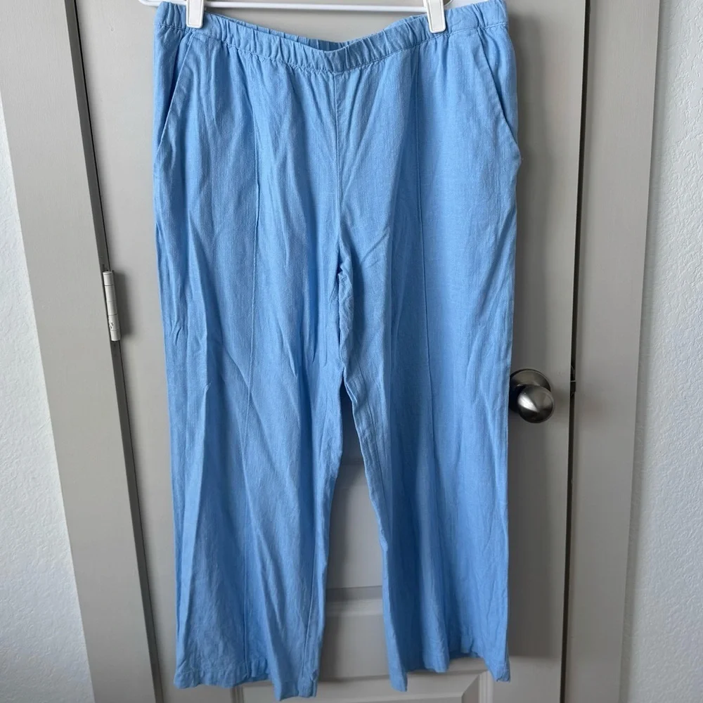 H&M Women’s Low Rise Light Blue Elastic Linen Pull On Pants Size Large